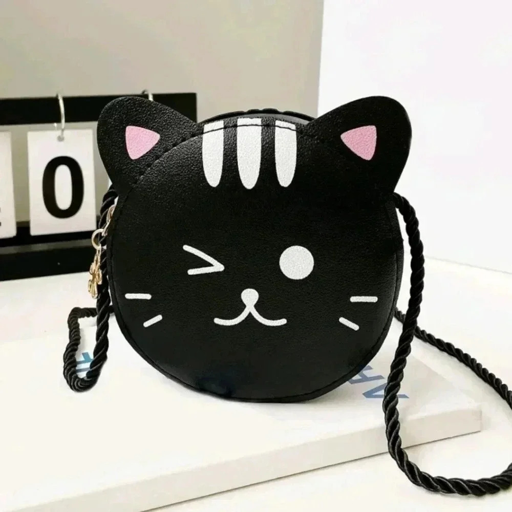 Black cat white cute girls mini zipper purse bag decor satchel crossbody kawaii